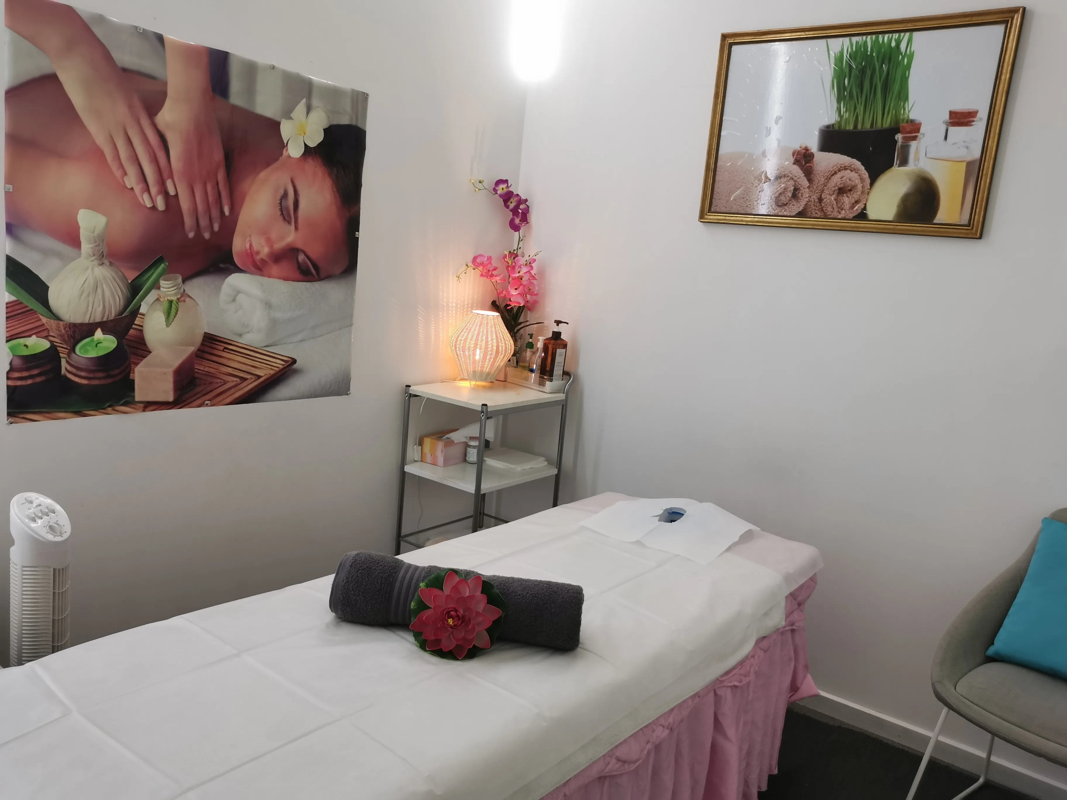 Our treatment room at 545 Glenferrie Rd — massage table with pink draping, orchid, lit lamp and framed spa posters